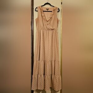 Express Tan V-Neck Dress with Gold  Design Size Large